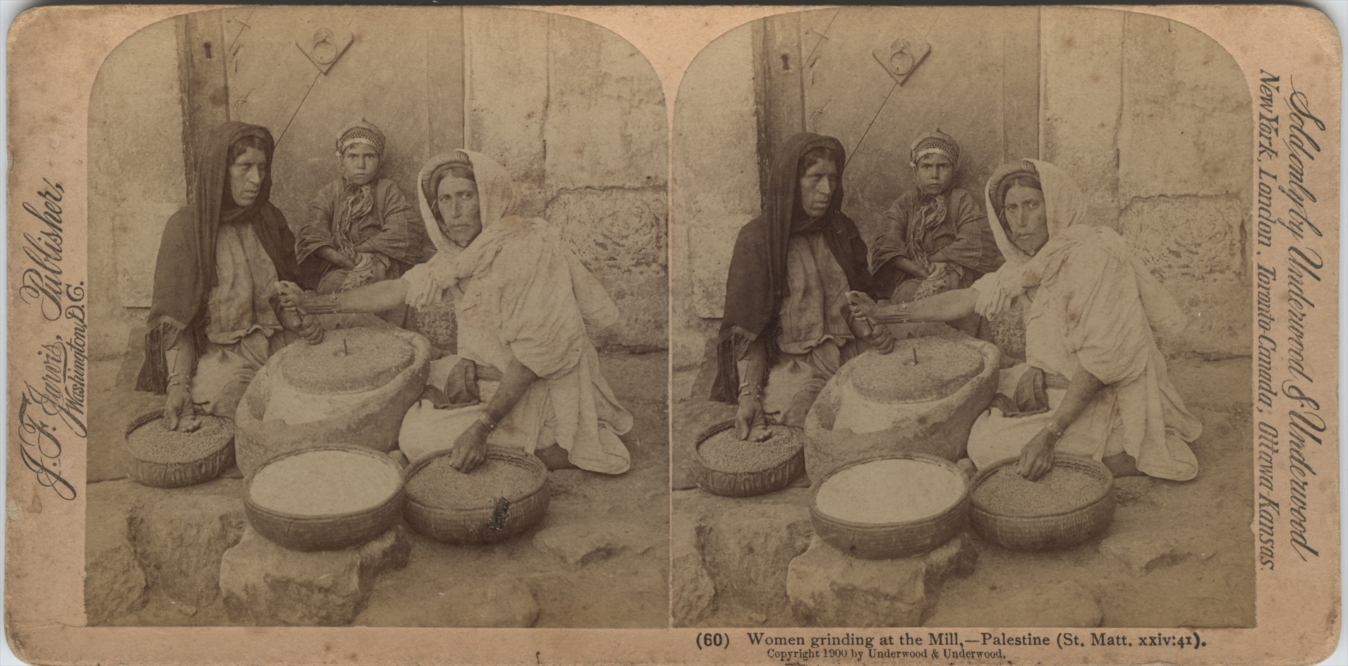 Three Palestinian women grinding grain with a hand mill. J.F. Harvis Publisher. Underwood & Underwood. FBS Foundation Collection 